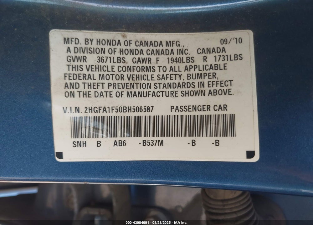 2011 HONDA CIVIC VIN: 2HGFA1F50BH506587