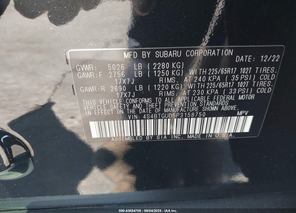 2023 SUBARU OUTBACK VIN: 4S4BTGUD5P3158750