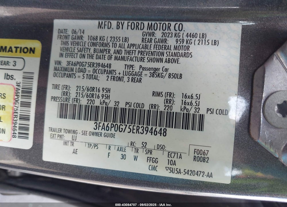2014 FORD FUSION VIN: 3FA6P0G75ER394648
