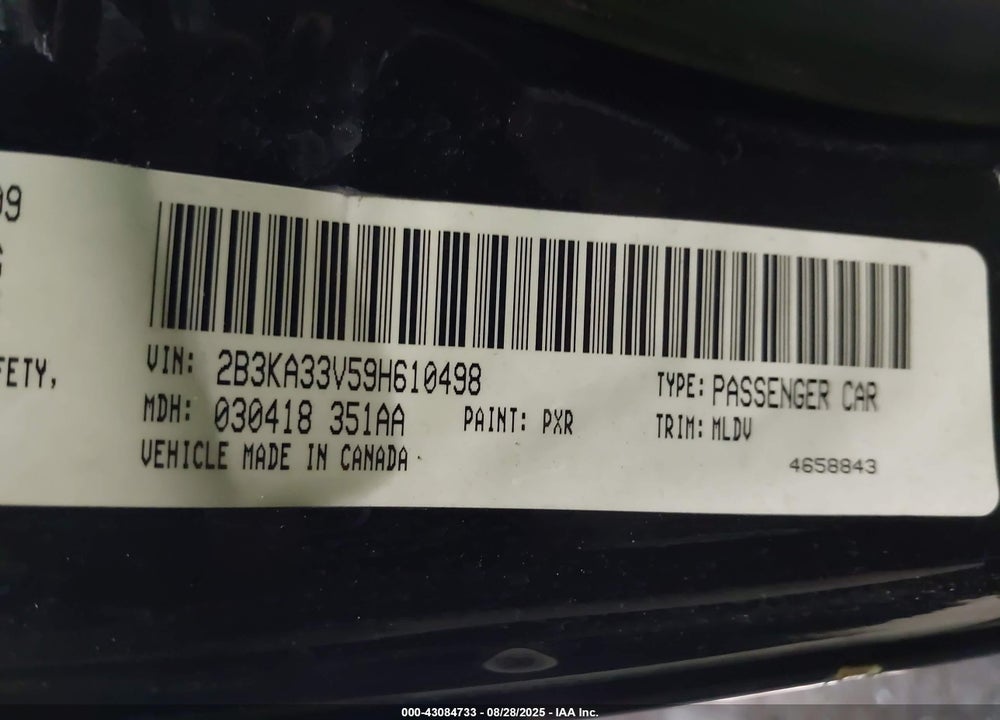 2009 DODGE CHARGER SXT VIN: 2B3KA33V59H610498