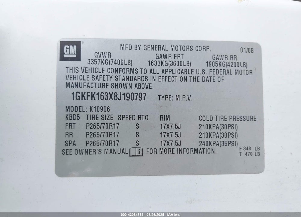 2008 GMC YUKON XL 1500 SLT VIN: 1GKFK163X8J190797