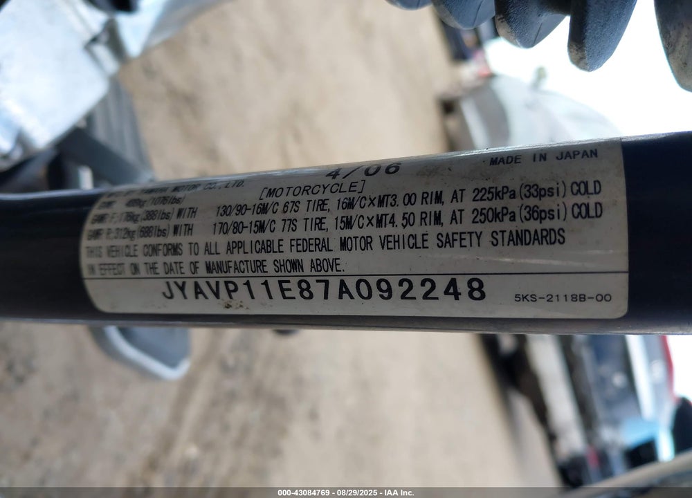 2007 YAMAHA XVS1100 VIN: JYAVP11E87A092248