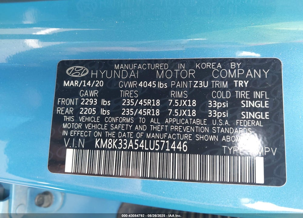2020 HYUNDAI KONA LIMITED VIN: KM8K33A54LU571446