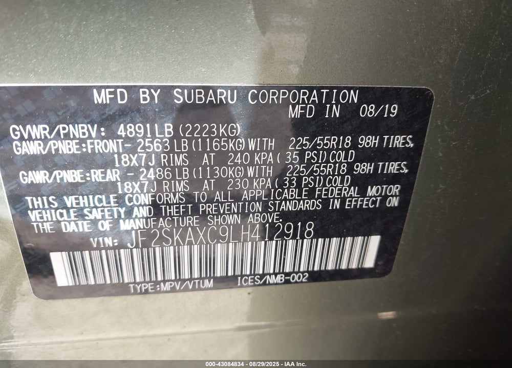 2020 SUBARU FORESTER VIN: JF2SKAXC9LH412918