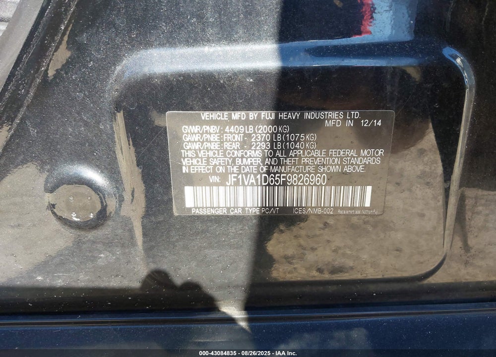 2015 SUBARU WRX VIN: JF1VA1D65F9826960