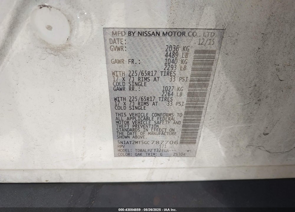 2016 NISSAN ROGUE VIN: 5N1AT2MT5GC787706