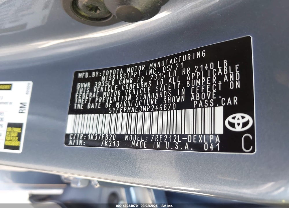 2021 TOYOTA COROLLA VIN: 5YFEPMAE3MP246670