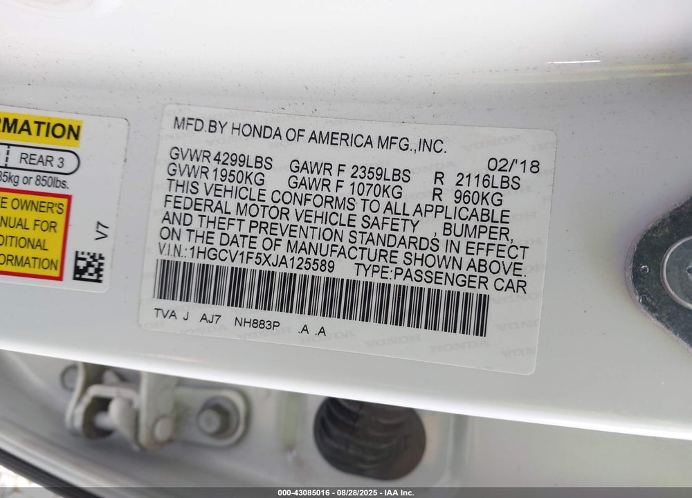 2018 HONDA ACCORD VIN: 1HGCV1F5XJA125589