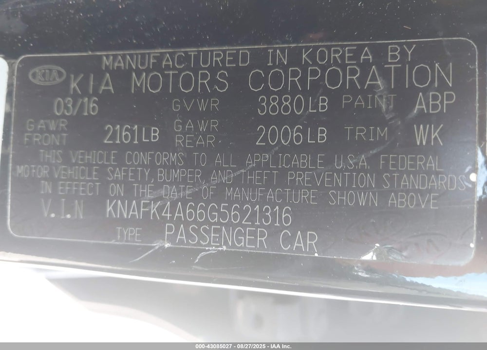 2016 KIA FORTE LX VIN: KNAFK4A66G5621316