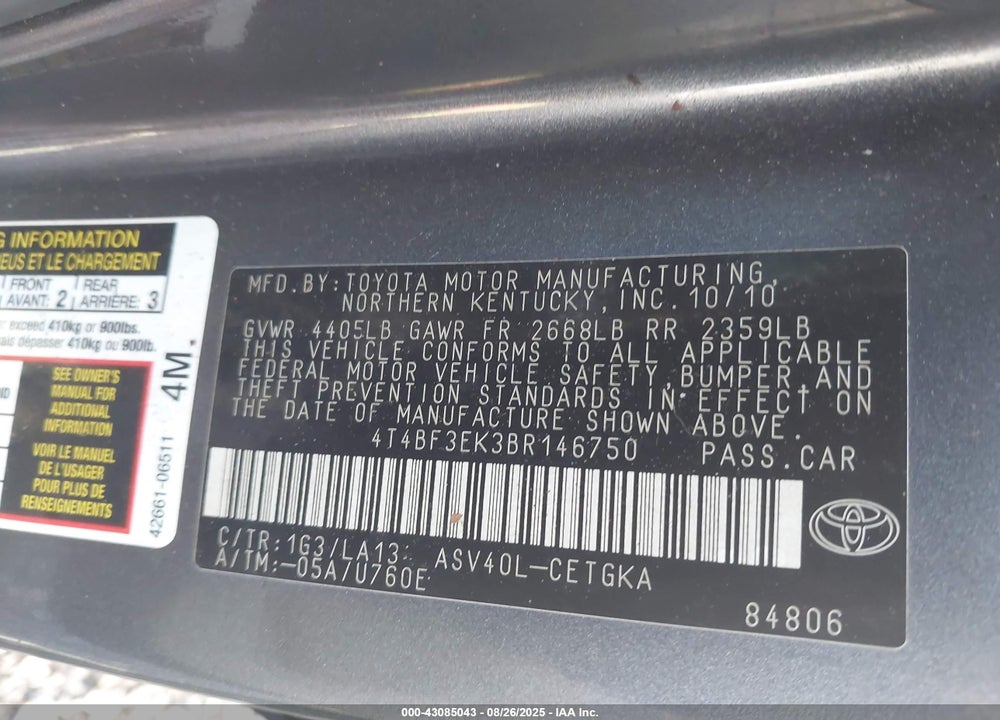 2011 TOYOTA CAMRY VIN: 4T4BF3EK3BR146750