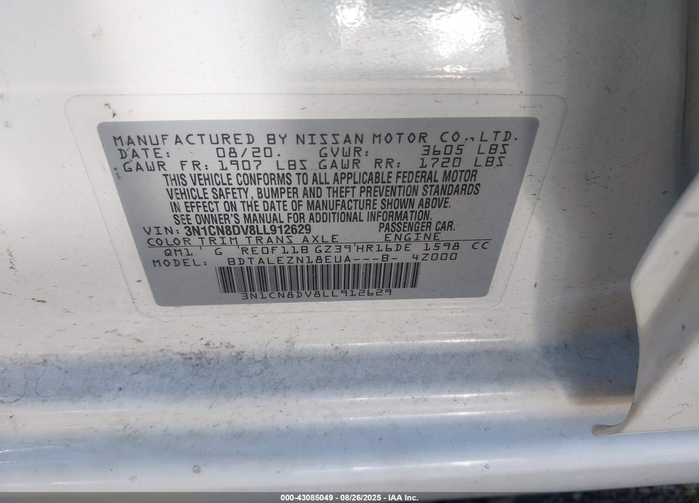 2020 NISSAN VERSA VIN: 3N1CN8DV8LL912629