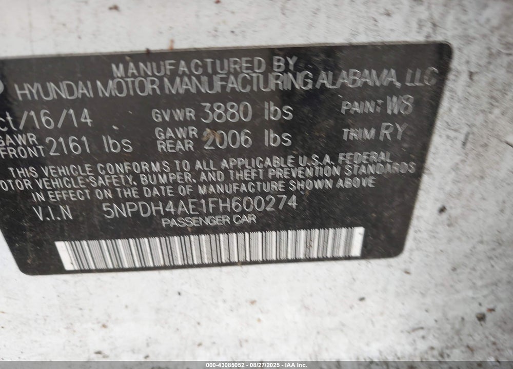 2015 HYUNDAI ELANTRA LIMITED VIN: 5NPDH4AE1FH600274