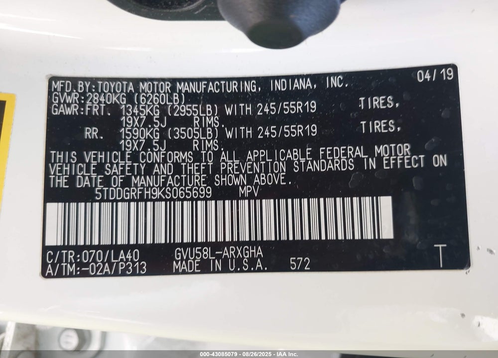 2019 TOYOTA HIGHLANDER HYBRID VIN: 5TDDGRFH9KS065699