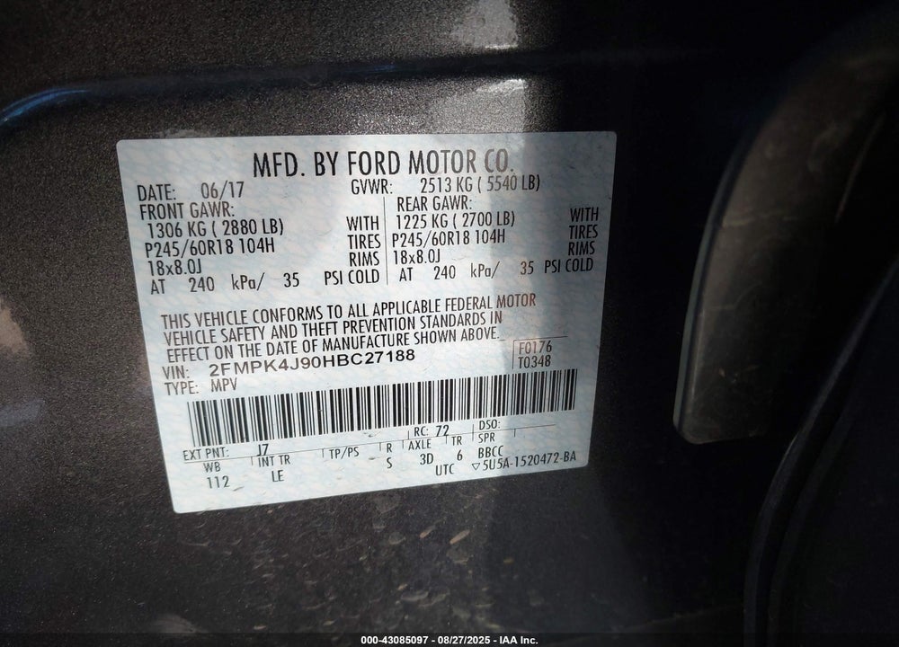 2017 FORD EDGE VIN: 2FMPK4J90HBC27188