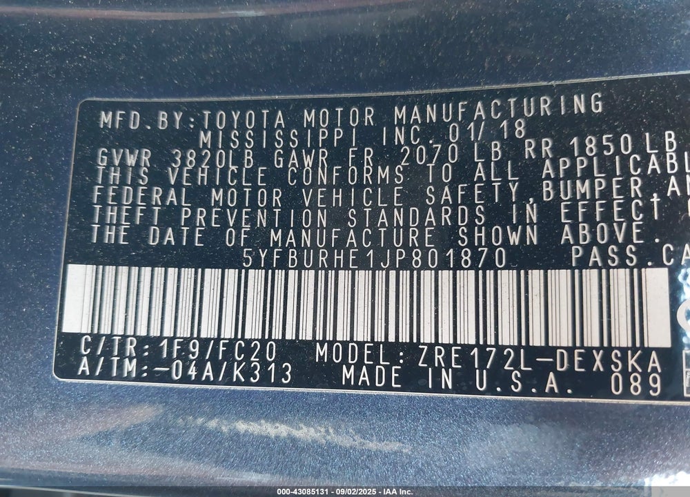 2018 TOYOTA COROLLA VIN: 5YFBURHE1JP801870