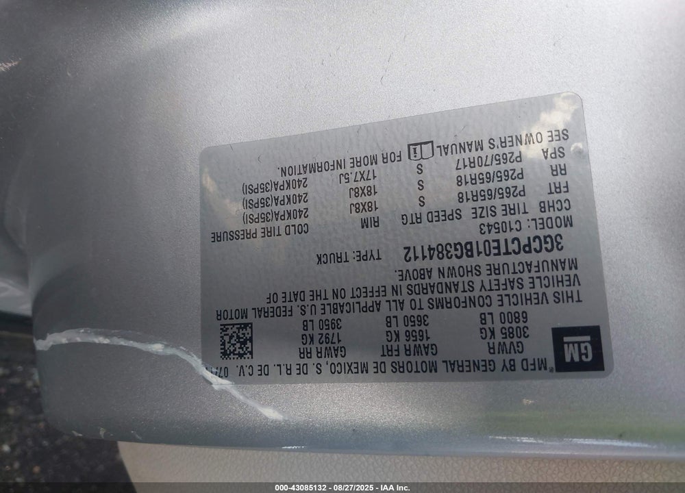2011 CHEVROLET SILVERADO 1500 VIN: 3GCPCTE01BG384112