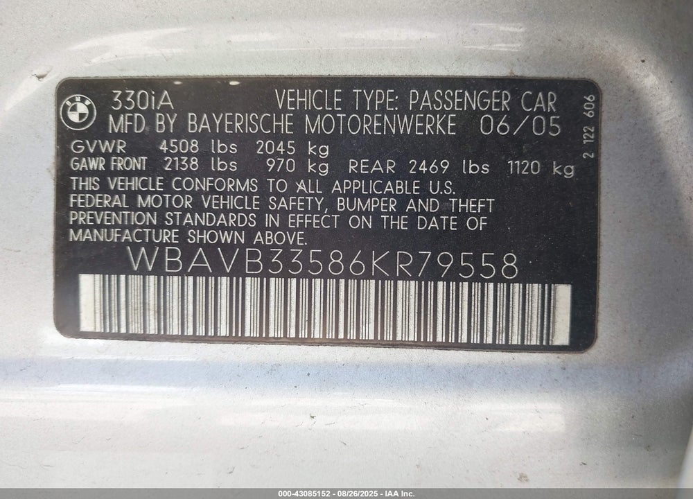 2006 BMW 330I VIN: WBAVB33586KR79558