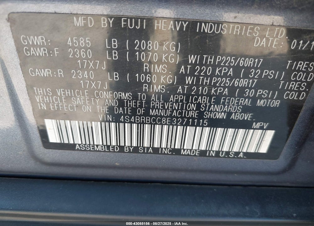 2014 SUBARU OUTBACK VIN: 4S4BRBCC8E3271115