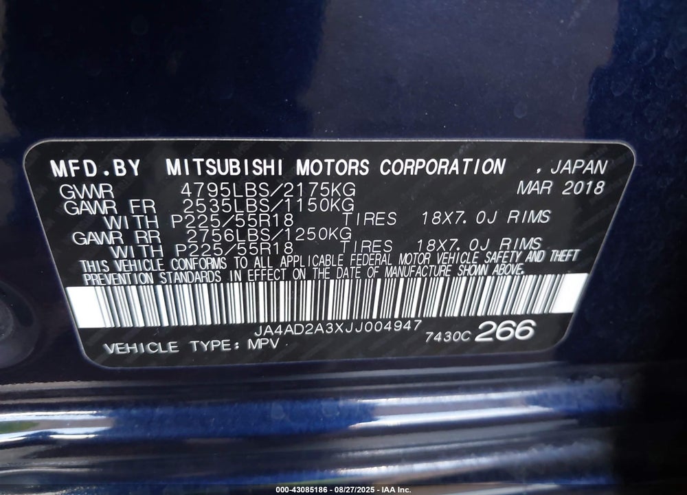 2018 MITSUBISHI OUTLANDER VIN: JA4AD2A3XJJ004947