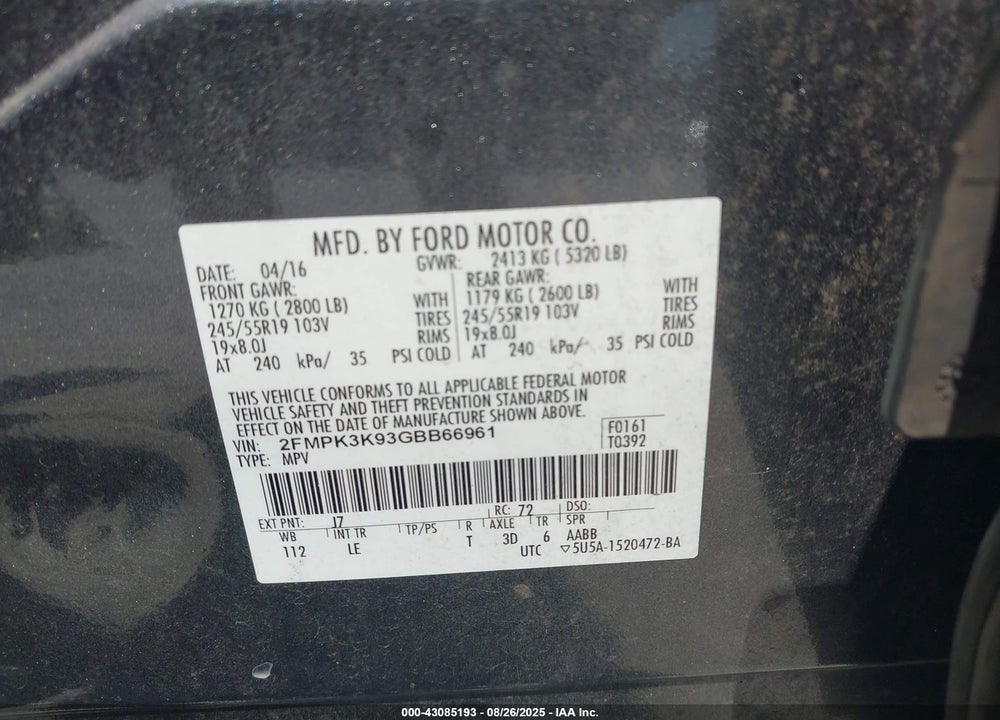 2016 FORD EDGE VIN: 2FMPK3K93GBB66961