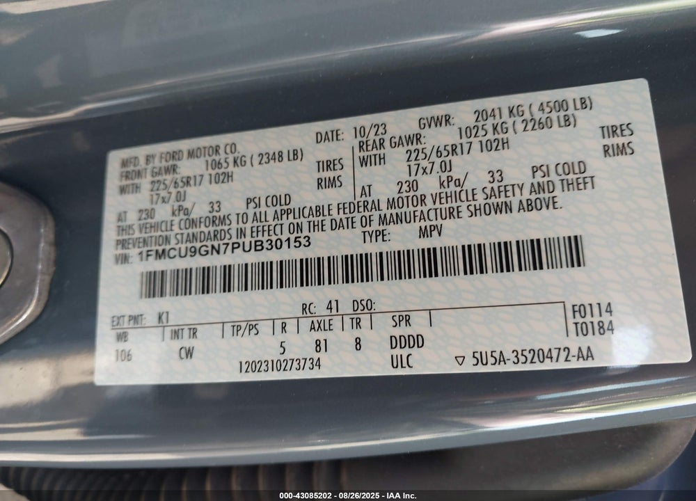 2023 FORD ESCAPE VIN: 1FMCU9GN7PUB30153