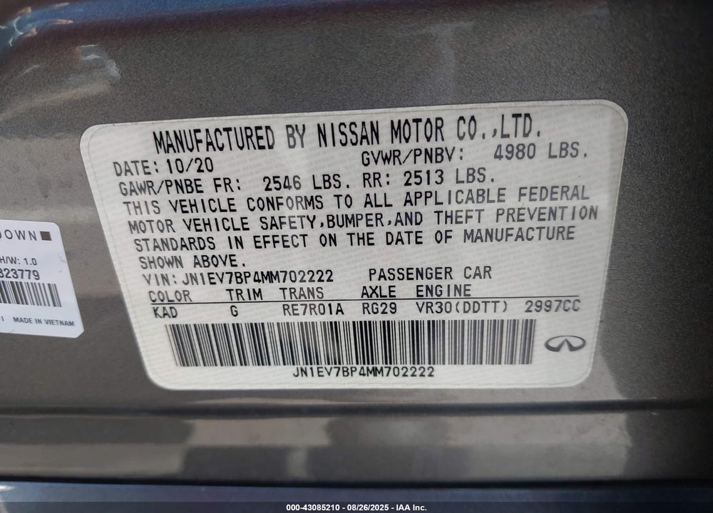 2021 INFINITI Q50 VIN: JN1EV7BP4MM702222