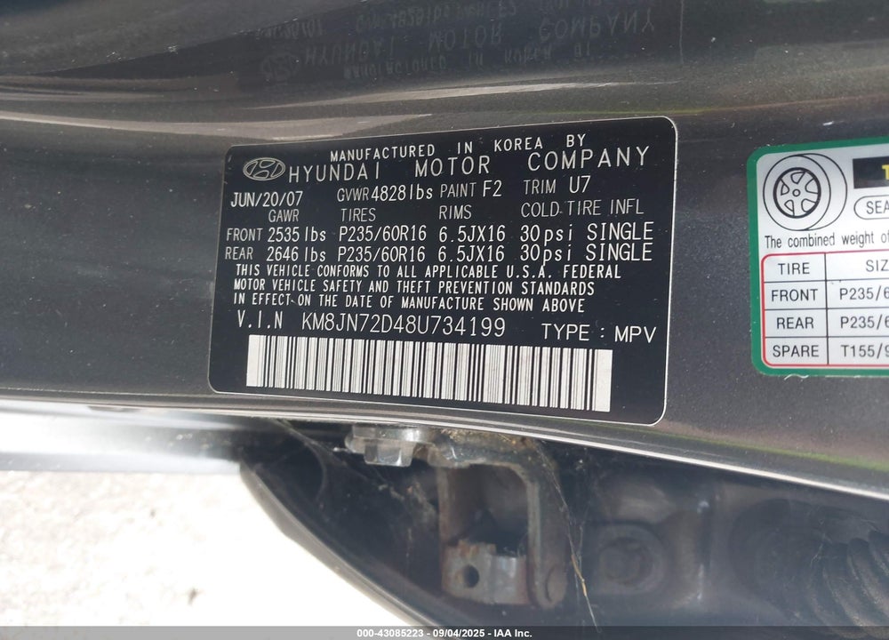 2008 HYUNDAI TUCSON VIN: KM8JN72D48U734199