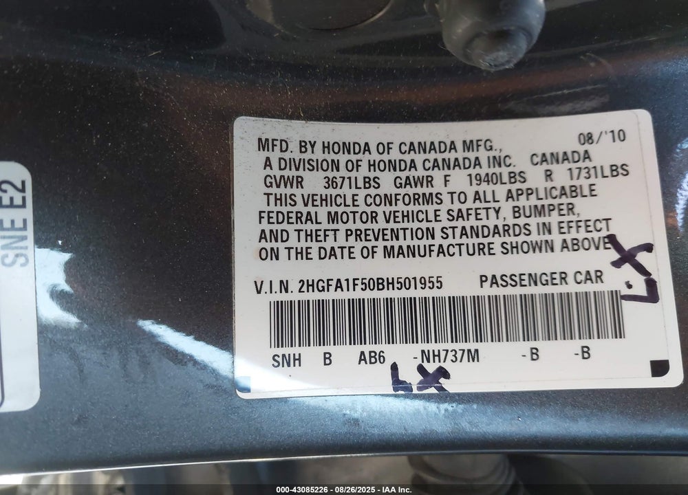 2011 HONDA CIVIC LX VIN: 2HGFA1F50BH501955