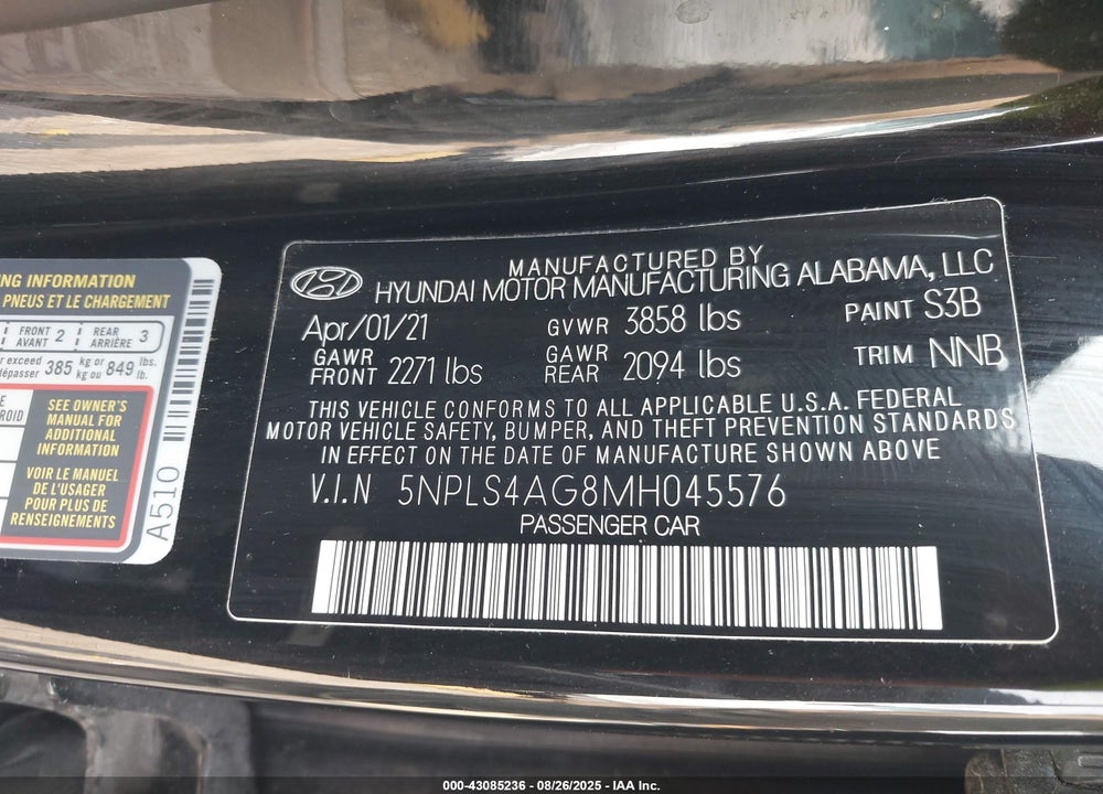2021 HYUNDAI ELANTRA VIN: 5NPLS4AG8MH045576