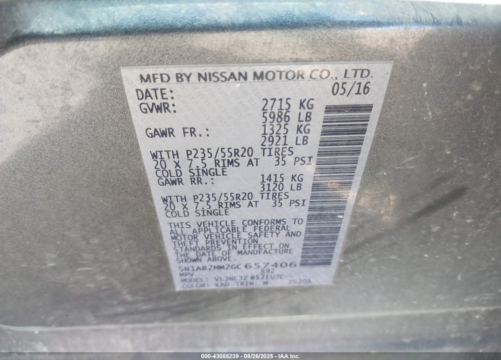 2016 NISSAN PATHFINDER VIN: 5N1AR2MM2GC657406