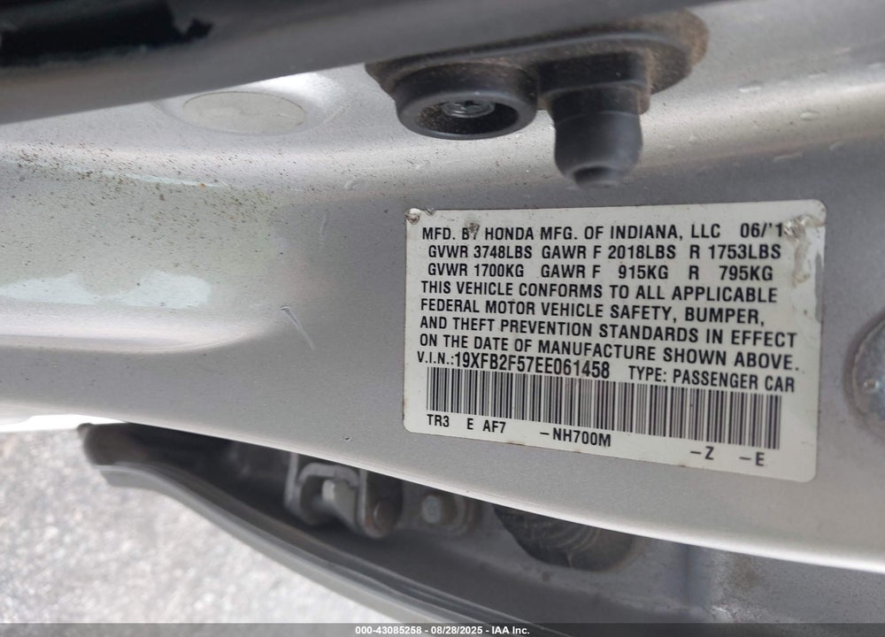 2014 HONDA CIVIC VIN: 19XFB2F57EE061458