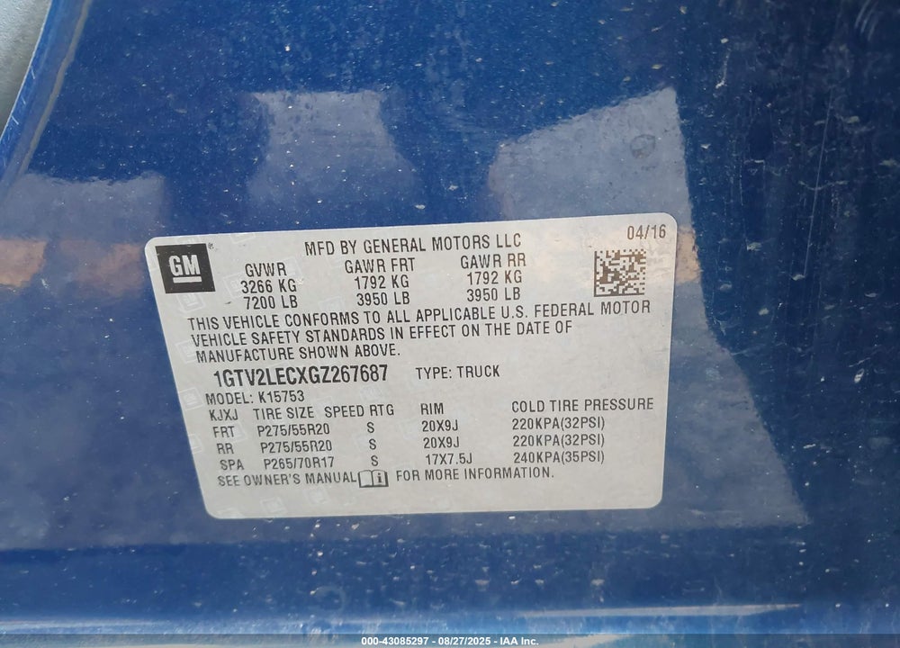 2016 GMC SIERRA 1500 VIN: 1GTV2LECXGZ267687
