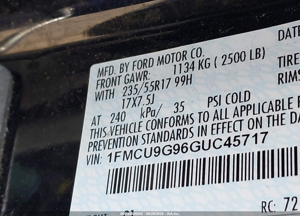 2016 FORD ESCAPE VIN: 1FMCU9G96GUC45717
