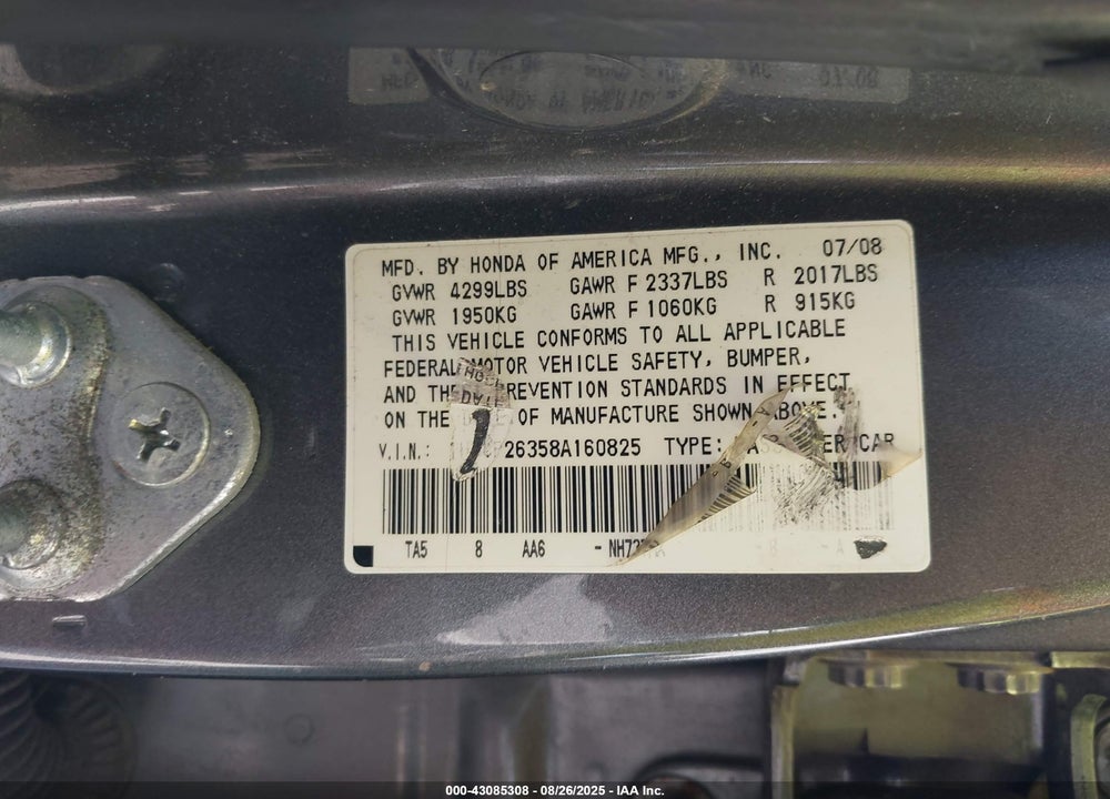 2008 HONDA ACCORD 2.4 LX VIN: 1HGCP26358A160825