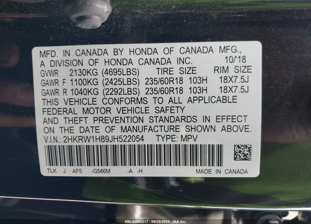 2018 HONDA CR-V VIN: 2HKRW1H89JH522054