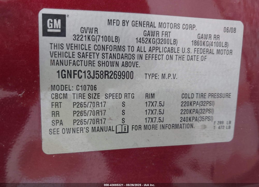 2008 CHEVROLET TAHOE LT VIN: 1GNFC13J58R269900