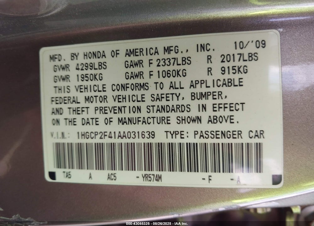 2010 HONDA ACCORD VIN: 1HGCP2F41AA031639