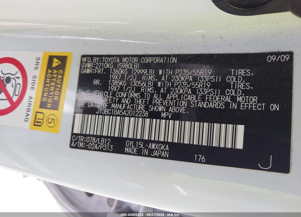 2010 LEXUS RX 450H VIN: JTJBC1BA5A2012238