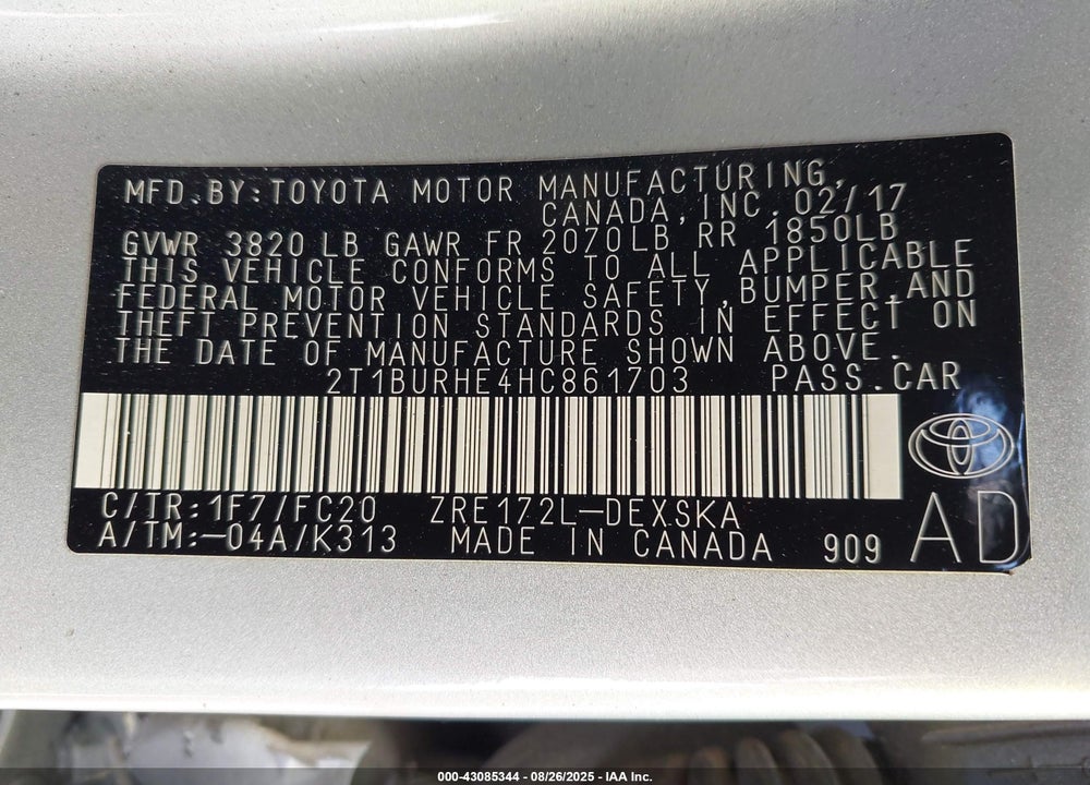 2017 TOYOTA COROLLA VIN: 2T1BURHE4HC861703