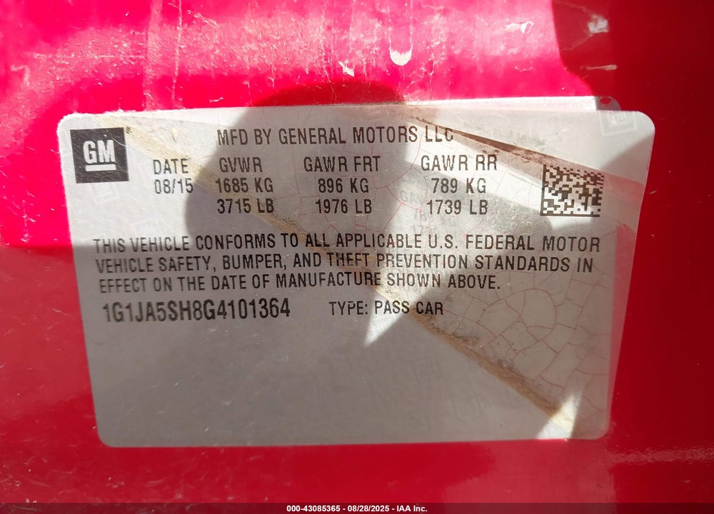 2016 CHEVROLET SONIC LS AUTO VIN: 1G1JA5SH8G4101364