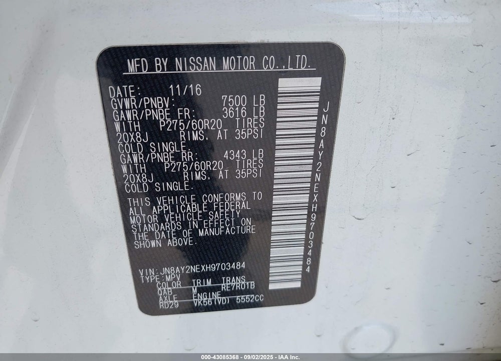 2017 NISSAN ARMADA PLATINUM VIN: JN8AY2NEXH9703484