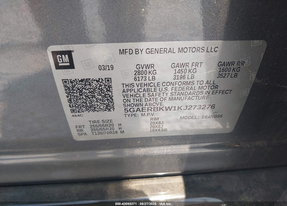 2019 BUICK ENCLAVE VIN: 5GAERBKW1KJ273276