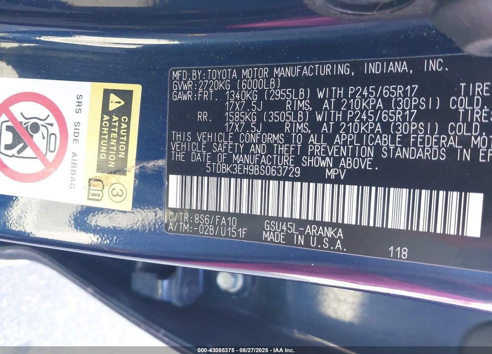 2011 TOYOTA HIGHLANDER BASE V6 VIN: 5TDBK3EH9BS063729