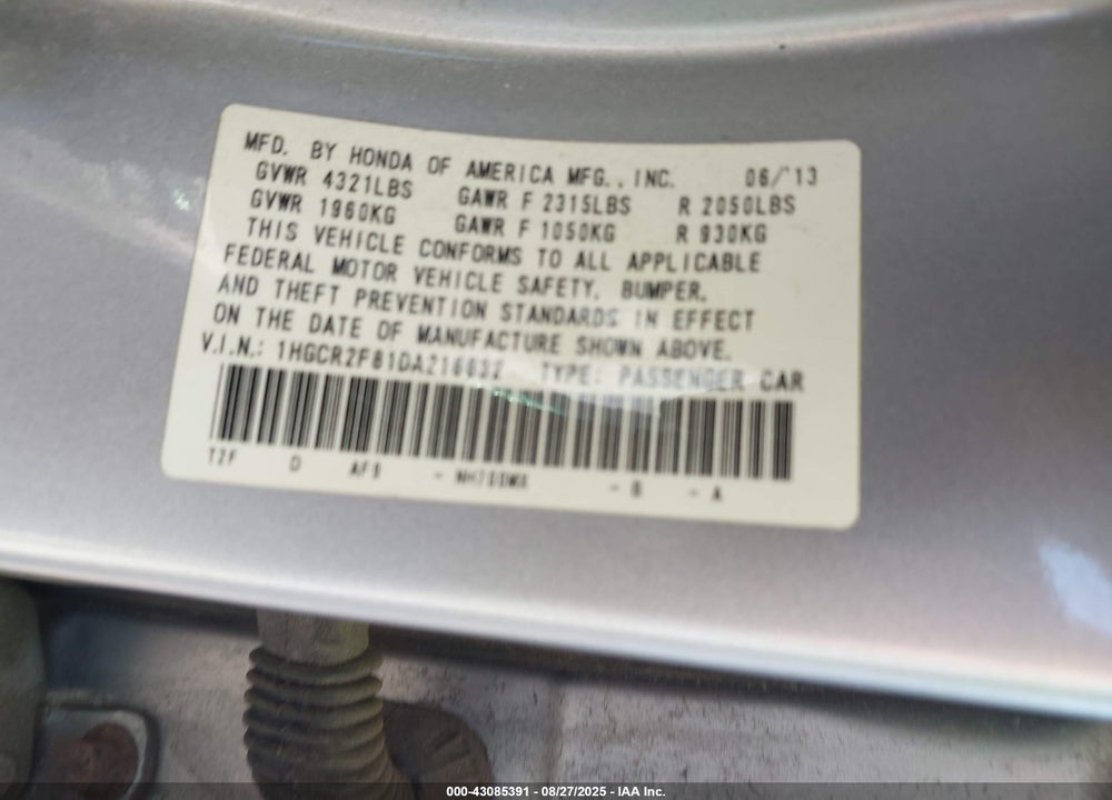 2013 HONDA ACCORD EX-L VIN: 1HGCR2F81DA216632