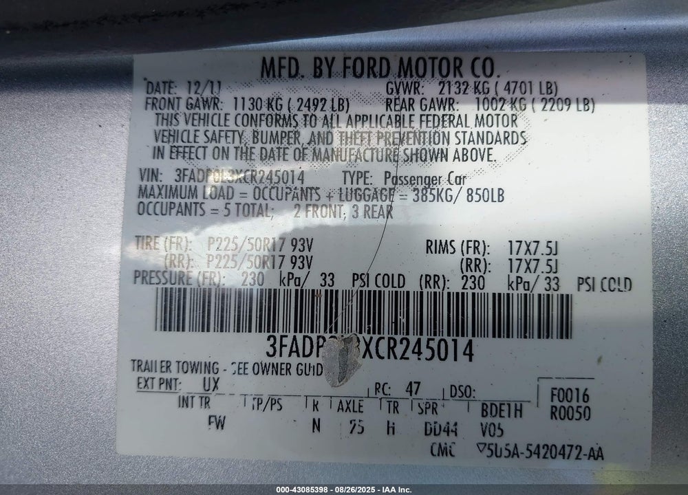 2012 FORD FUSION HYBRID VIN: 3FADP0L3XCR245014