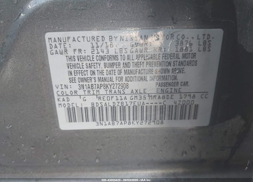 2019 NISSAN SENTRA VIN: 3N1AB7AP8KY272908