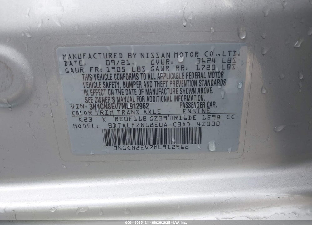 2021 NISSAN VERSA VIN: 3N1CN8EV7ML912962