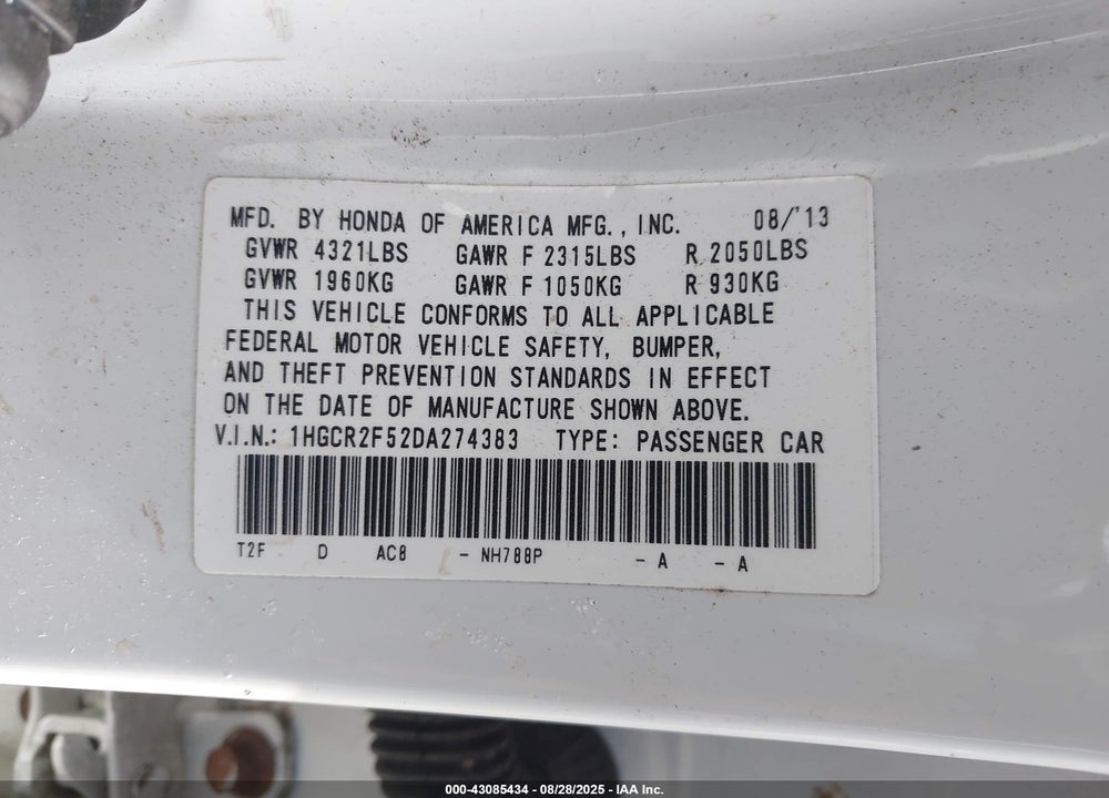2013 HONDA ACCORD VIN: 1HGCR2F52DA274383