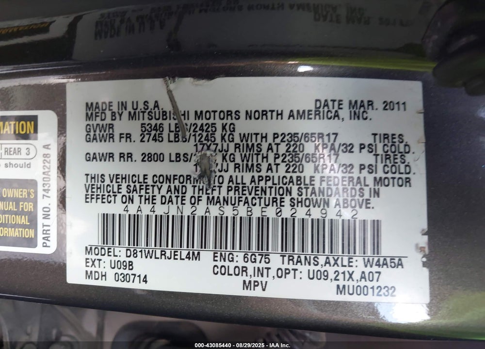 2011 MITSUBISHI ENDEAVOR VIN: 4A4JN2AS5BE024942