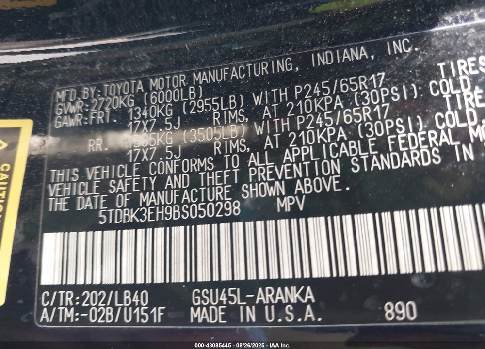 2011 TOYOTA HIGHLANDER VIN: 5TDBK3EH9BS050298
